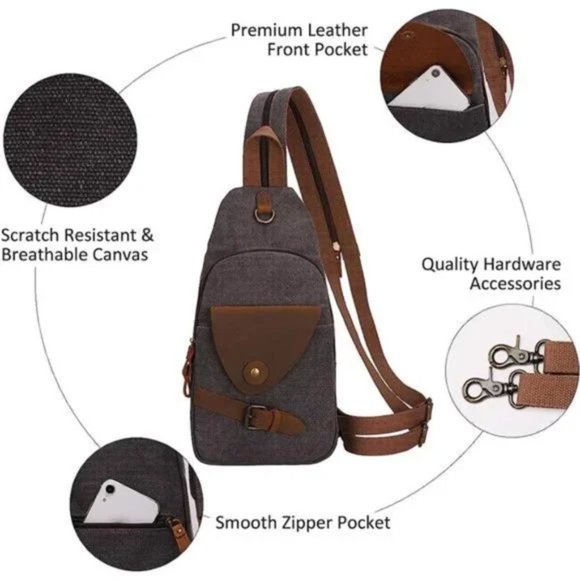 Canvas Sling Bag, Crossbody Grey Shoulder Bag - Picture 5 of 6